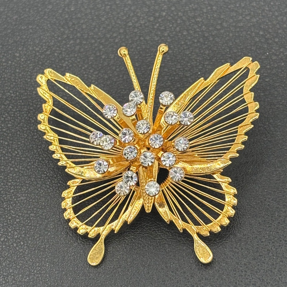 Vintage Monet Butterfly Brooch Women Gold Rhinestone Openwork Pin
